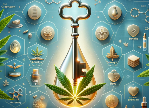 A key unlocking a droplet of CBD oil, surrounded by icons representing benefits like anxiety relief and improved sleep, against a tranquil background with green leaves and blue tones.