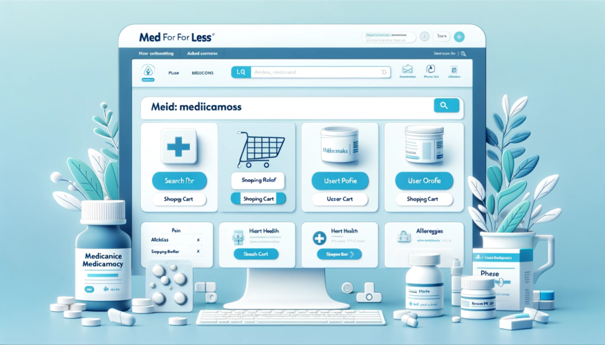 A modern, user-friendly online pharmacy website interface titled 'Med for Less', featuring a clean layout with blue and white color scheme, search bars, medication categories, and discount icons.