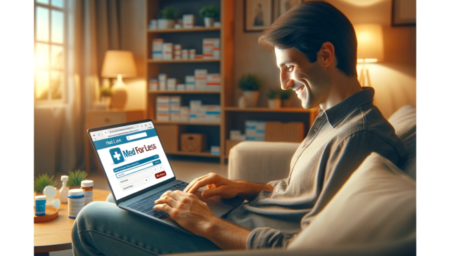 A content customer browsing the 'Med for Less' online pharmacy on a laptop in a cozy home setting, symbolizing comfort and convenience.
